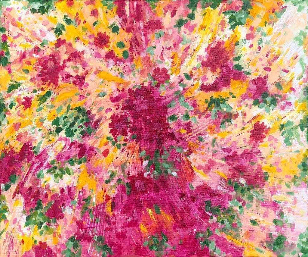 duży obraz do salonu abstrakcyjny obraz kolorowa abstrakcja kwiatowy kwiaty nowoczesny obraz żółty zielony czerwony