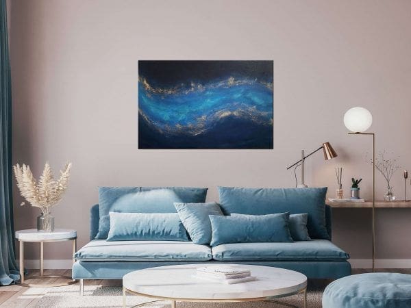 granatowy obraz do sypialni granatowa abstrakcja kosmos obraz do salonu turkus miedź granat