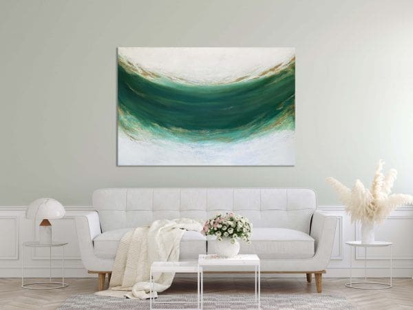 zielony obraz do salonu, duża zielona abstrakcja, nowoczesny obraz ze złotem, szary biały obraz