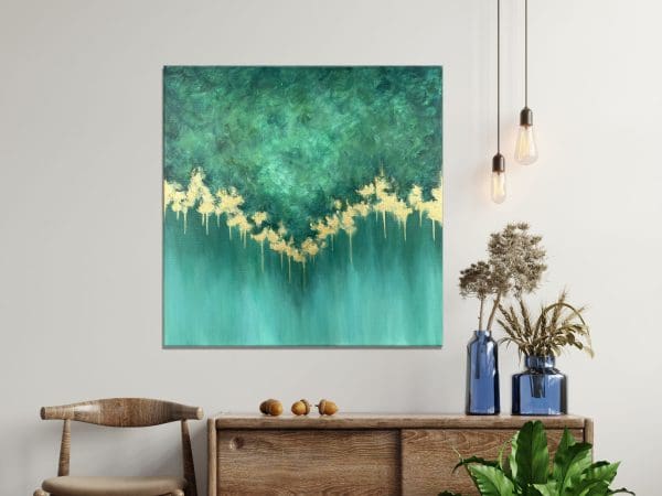 zielona abstrakcja ze złotem, zielony obraz abstrakcyjny