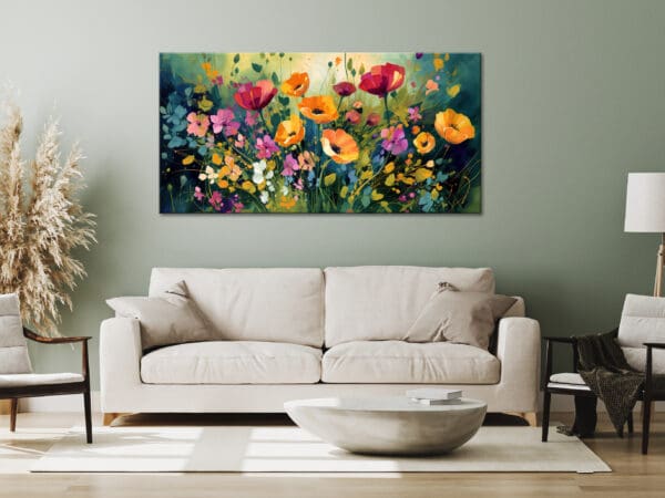 duży poziomy obraz do salonu, zielony obraz abstrakcyjny, obraz z kwiatami, obraz łąka kwietna