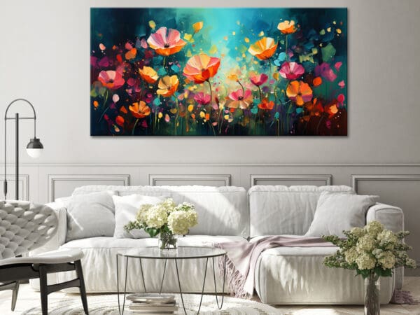 kolorowy obraz abstrakcyjny z kwiatami, obraz łąka kwietna, duży poziomy obraz do salonu, obraz różowe i pomarańczowe kwiaty