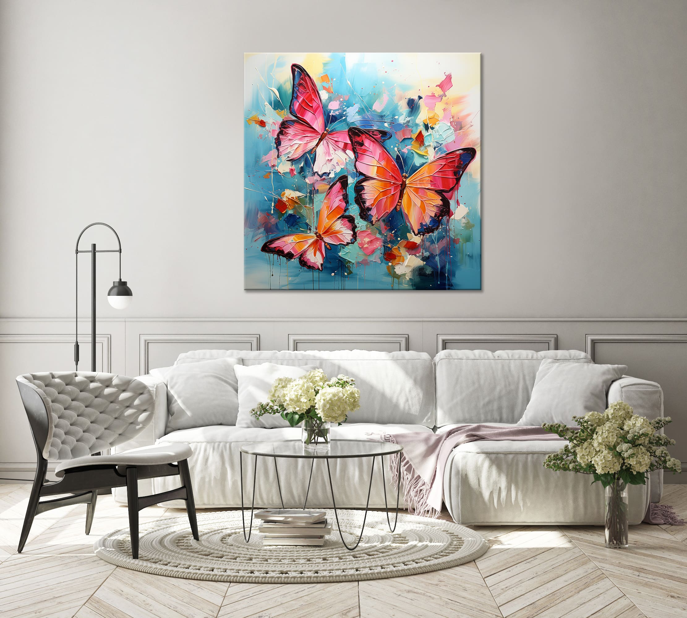 niebieski obraz z pomarańczowymi motylami