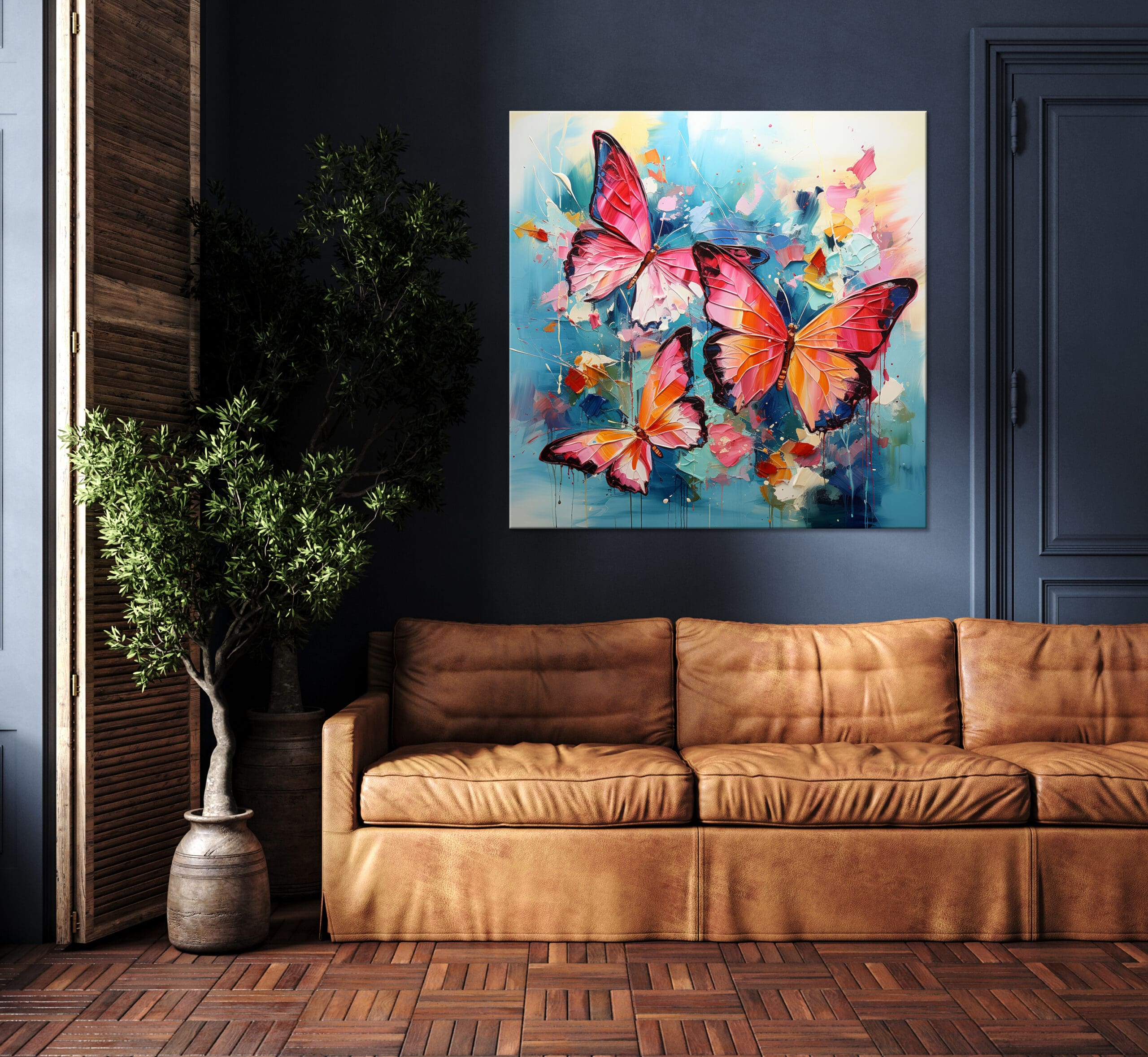 kolorowy obraz z motylami, niebieski obraz z pomarańczowymi motylami, kolorowy obraz abstrakcyjny, wydruk na płótnie