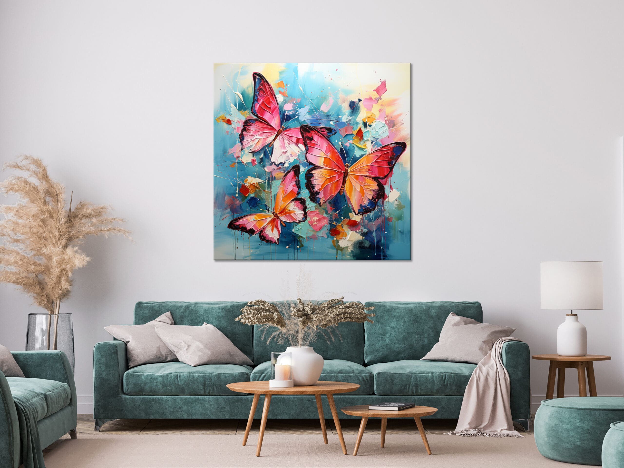 kolorowy obraz z motylami, niebieski obraz z pomarańczowymi motylami, kolorowy obraz abstrakcyjny, wydruk na płótnie