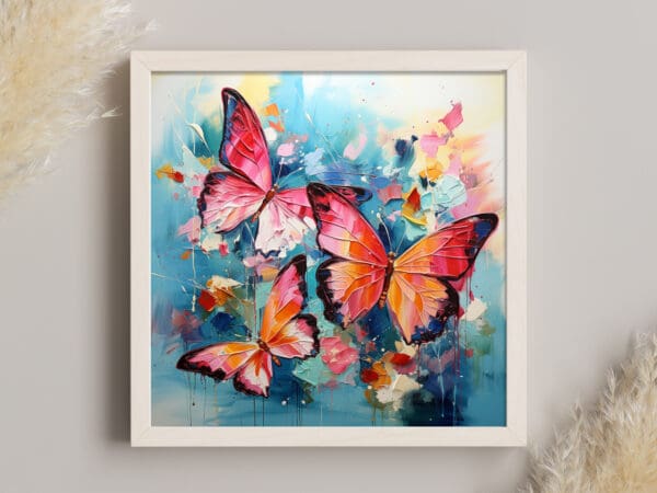 kolorowy obraz z motylami, niebieski obraz z pomarańczowymi motylami, kolorowy obraz abstrakcyjny, wydruk na płótnie