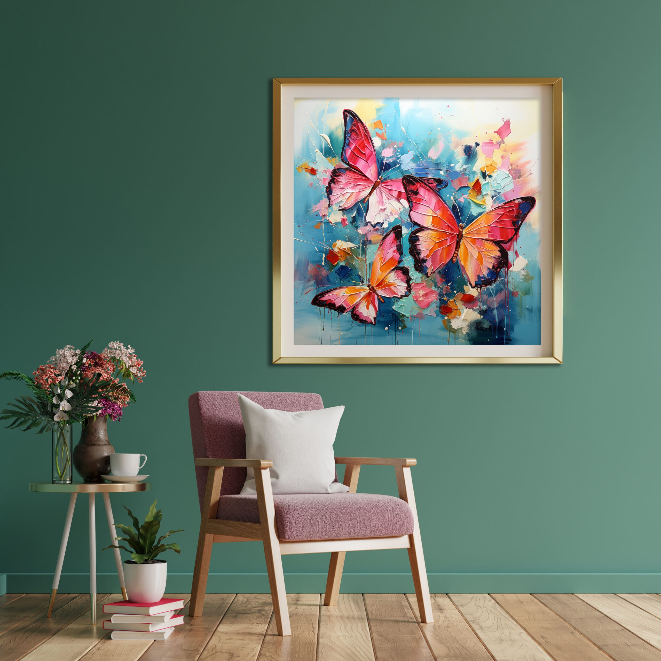 kolorowy obraz z motylami, niebieski obraz z pomarańczowymi motylami, kolorowy obraz abstrakcyjny, wydruk na płótnie