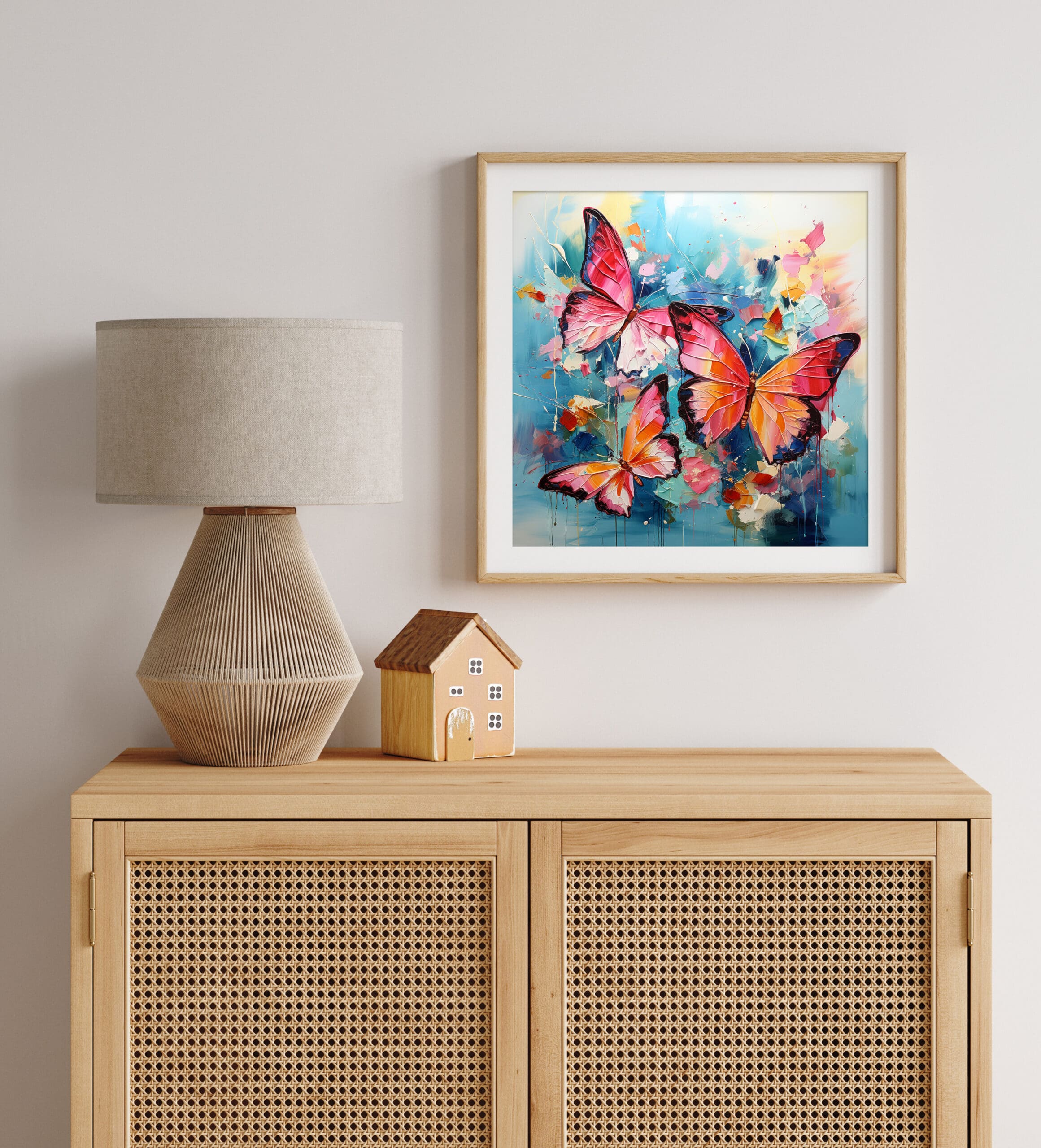 kolorowy obraz z motylami, niebieski obraz z pomarańczowymi motylami, kolorowy obraz abstrakcyjny, wydruk na płótnie