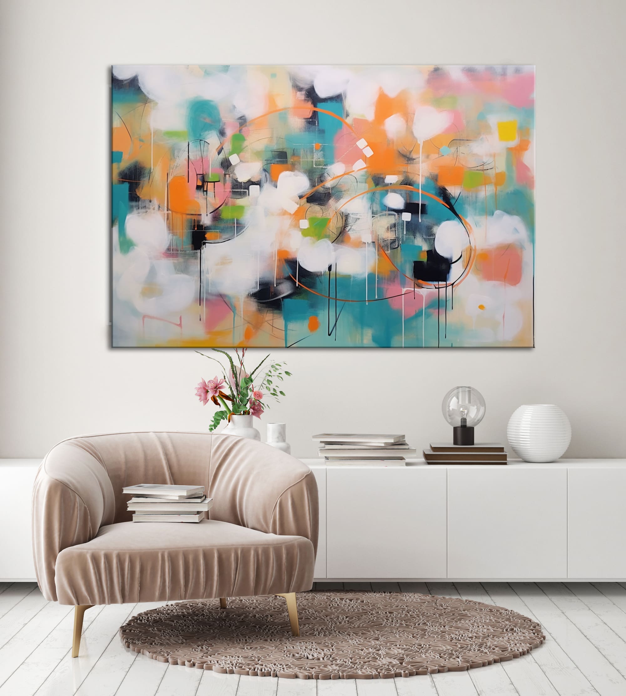 turkusowy obraz, pomarańczowy obraz, kolorowa abstrakcja, poziomy obraz, duży obraz do salonu