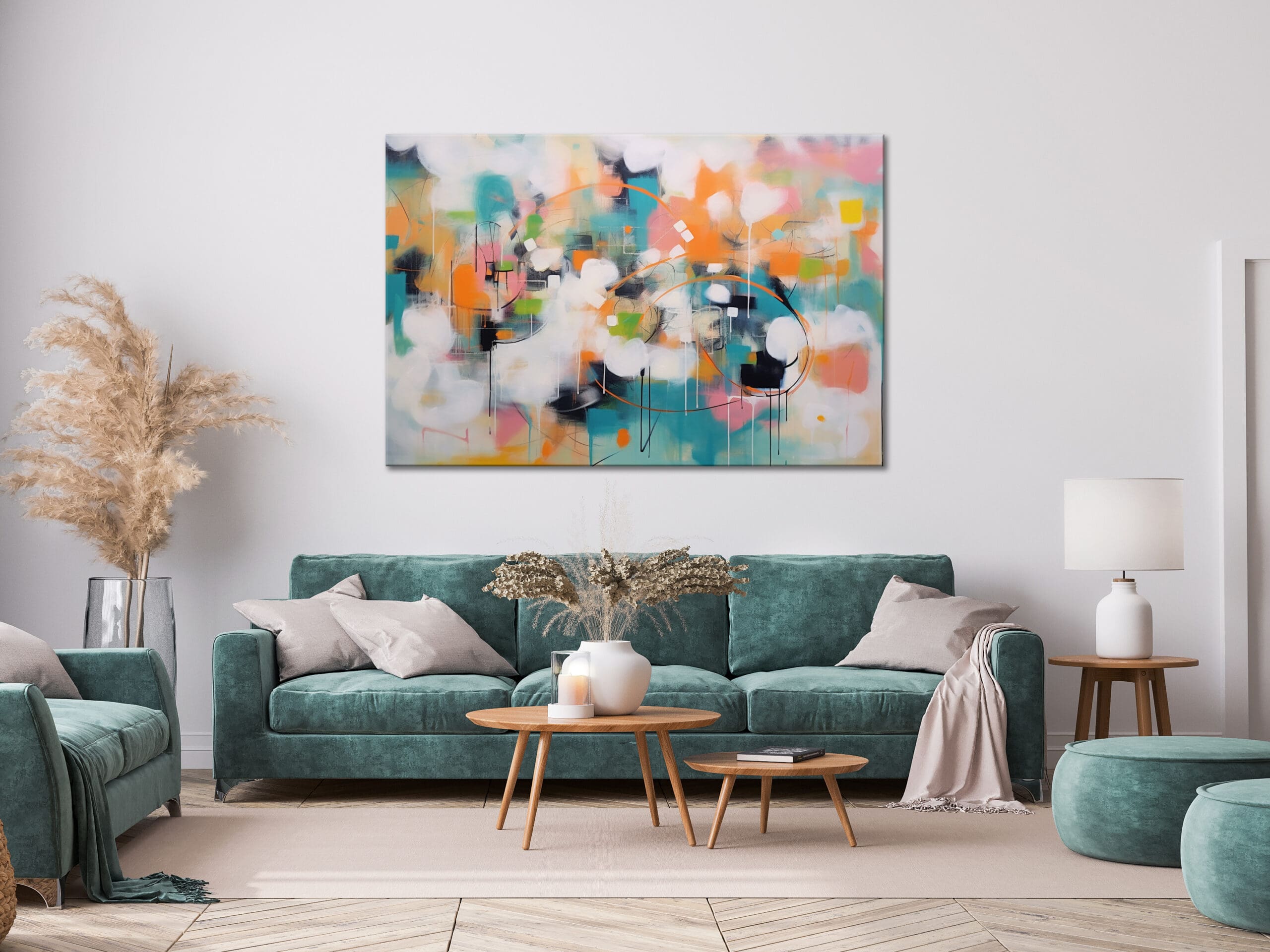 turkusowy obraz, pomarańczowy obraz, kolorowa abstrakcja, poziomy obraz, duży obraz do salonu