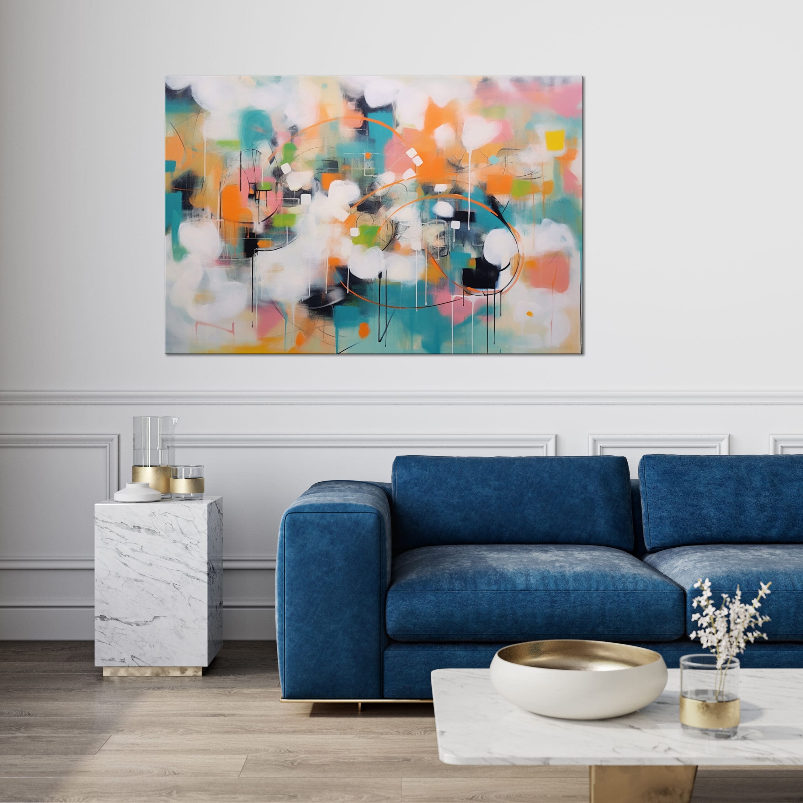 turkusowy obraz, pomarańczowy obraz, kolorowa abstrakcja, poziomy obraz, duży obraz do salonu