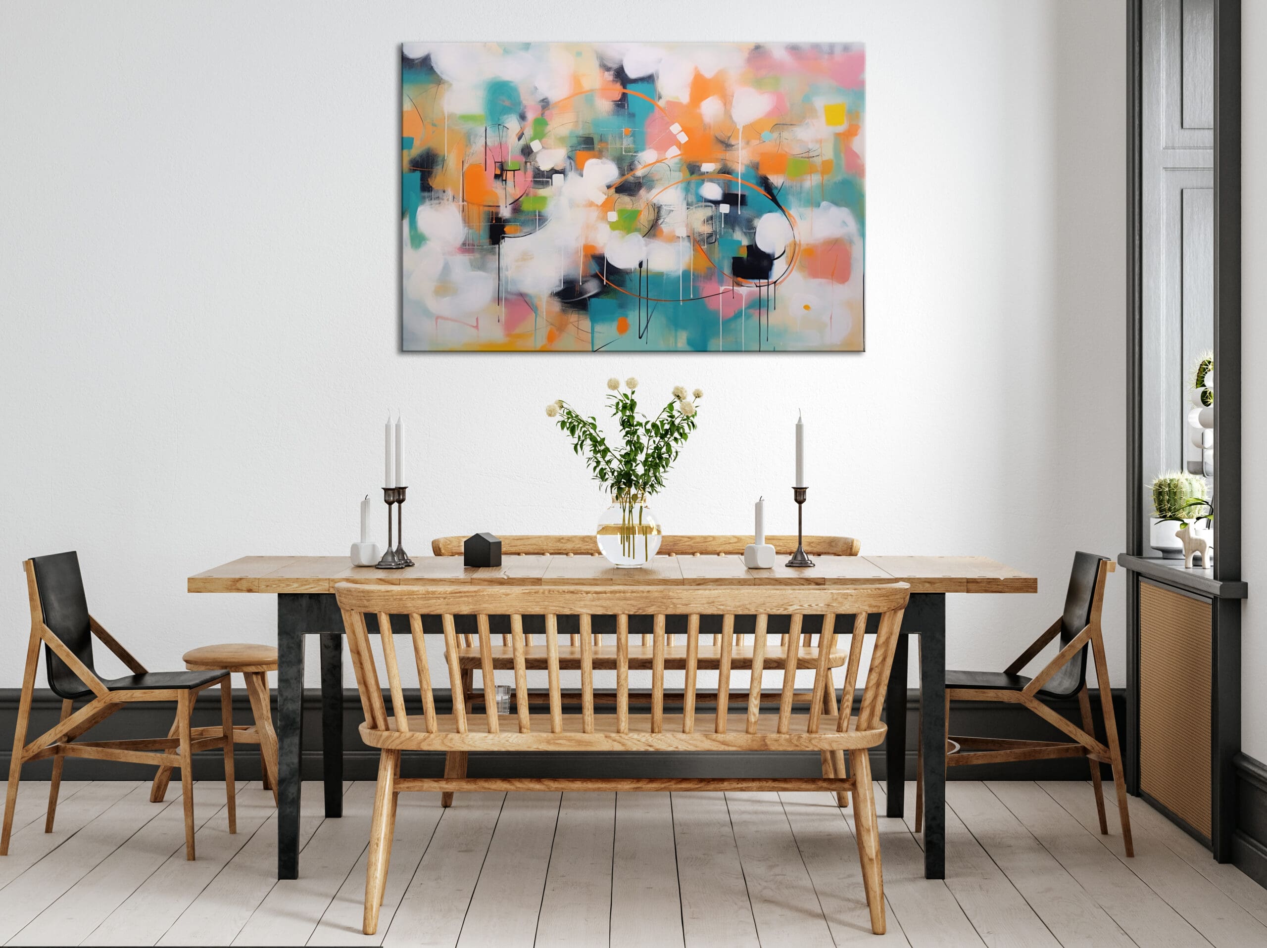 turkusowy obraz, pomarańczowy obraz, kolorowa abstrakcja, poziomy obraz, duży obraz do salonu