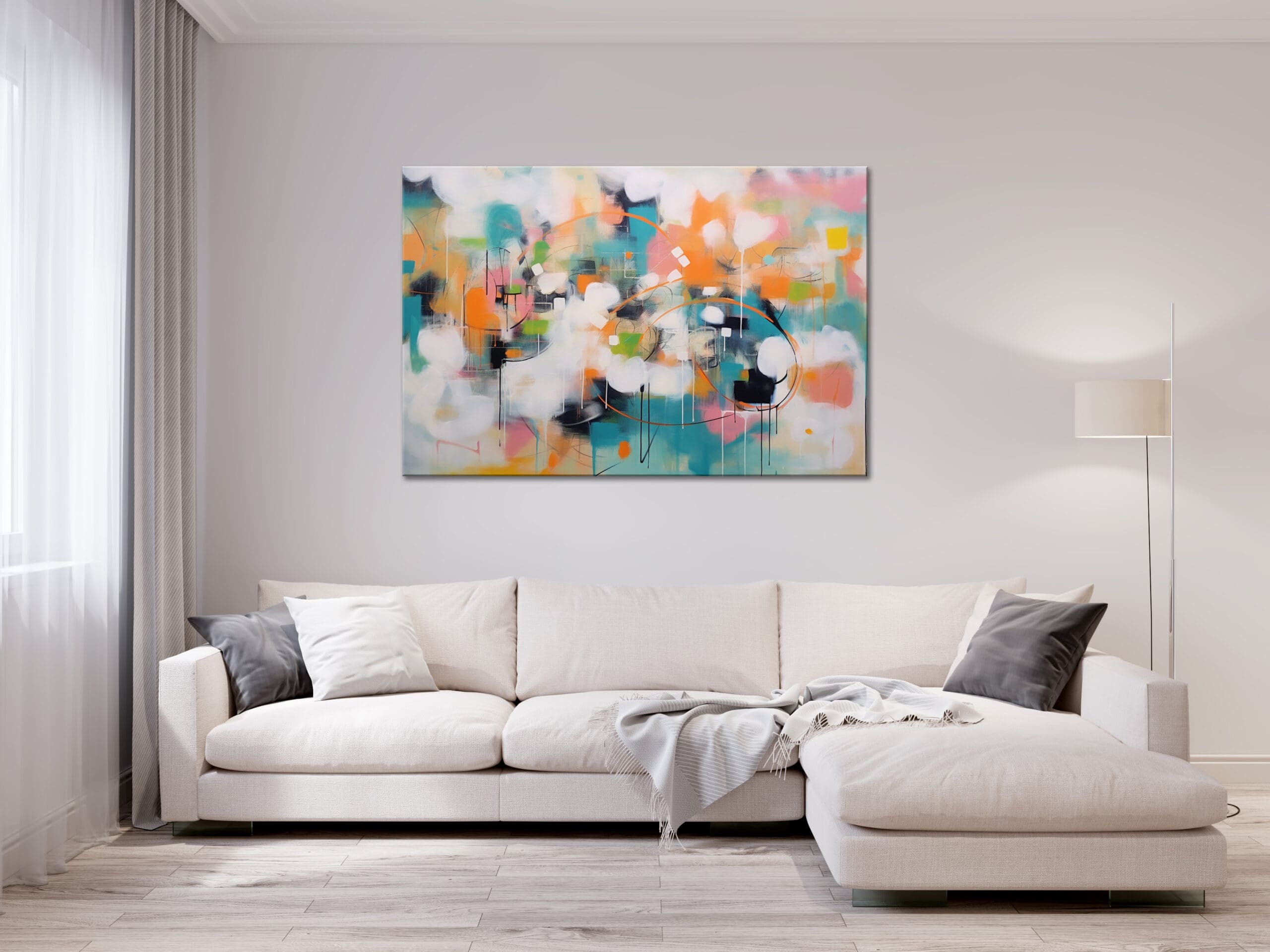 turkusowy obraz, pomarańczowy obraz, kolorowa abstrakcja, poziomy obraz, duży obraz do salonu