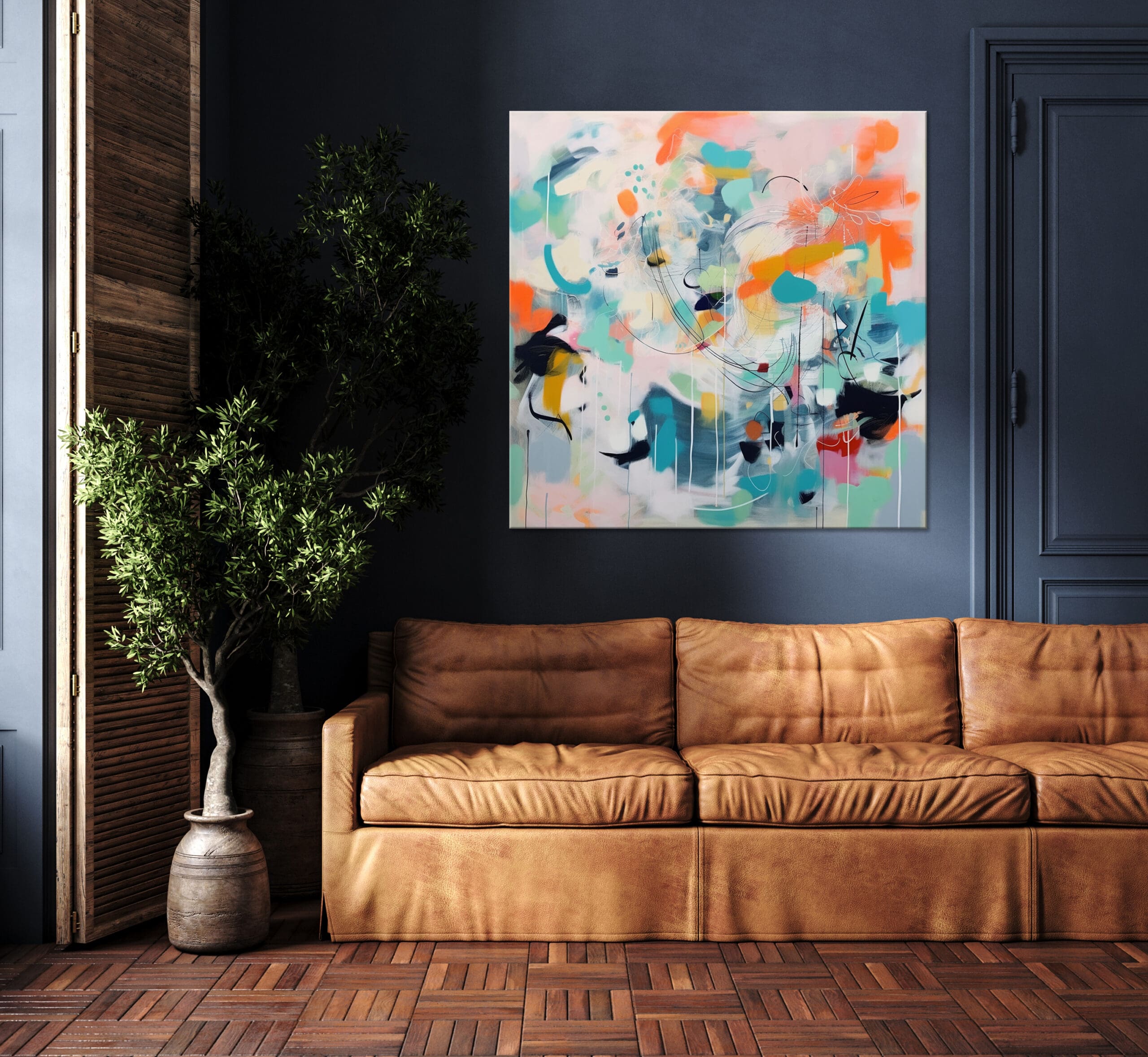 kolorowa abstrakcja, turkusowy obraz abstrakcyjny, pomarańczowy obraz abstrakcyjny, ekspresyjna abstrakcja, ekspresyjny obraz do salonu