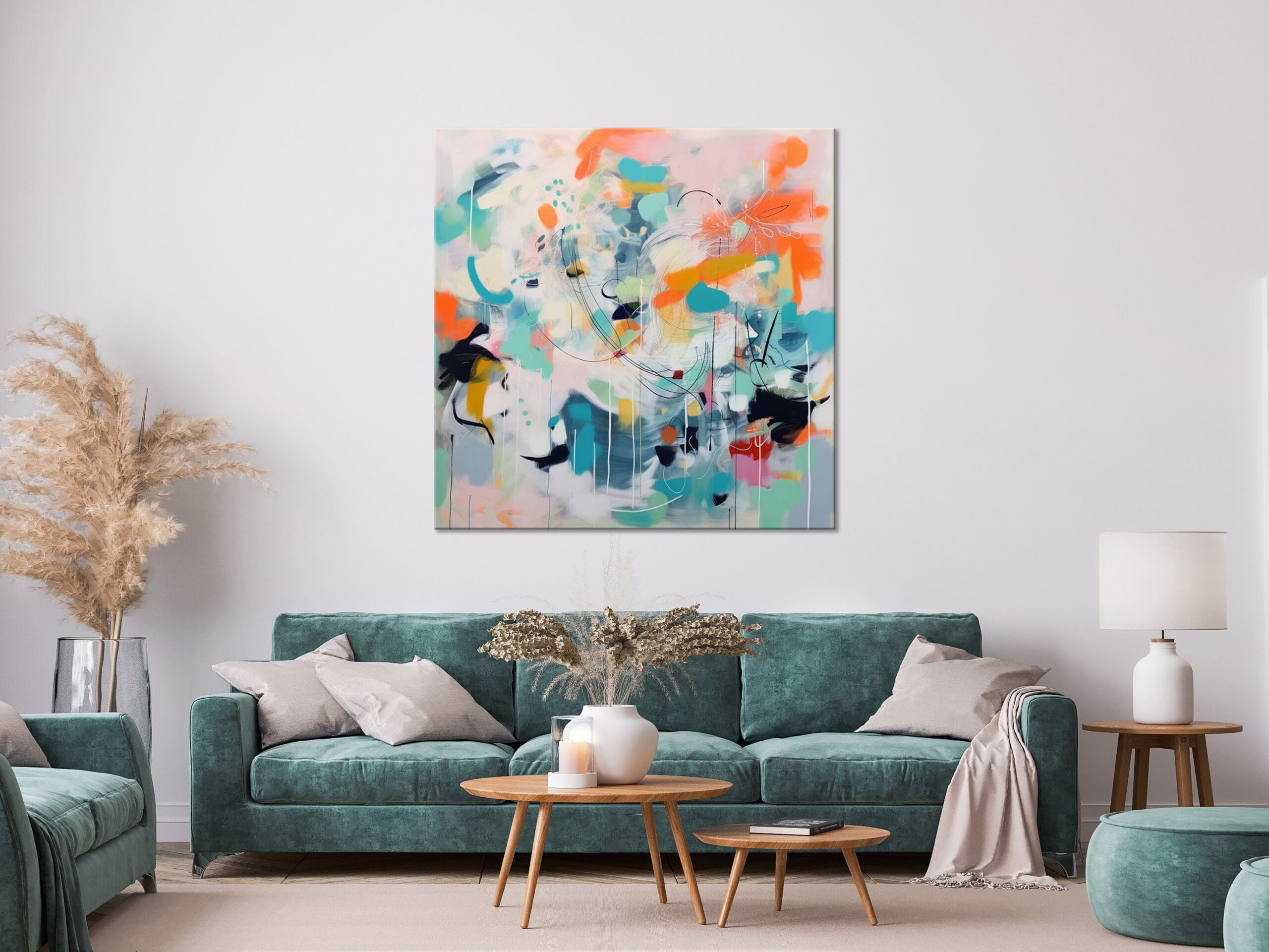 kolorowa abstrakcja, turkusowy obraz abstrakcyjny, pomarańczowy obraz abstrakcyjny, ekspresyjna abstrakcja, ekspresyjny obraz do salonu