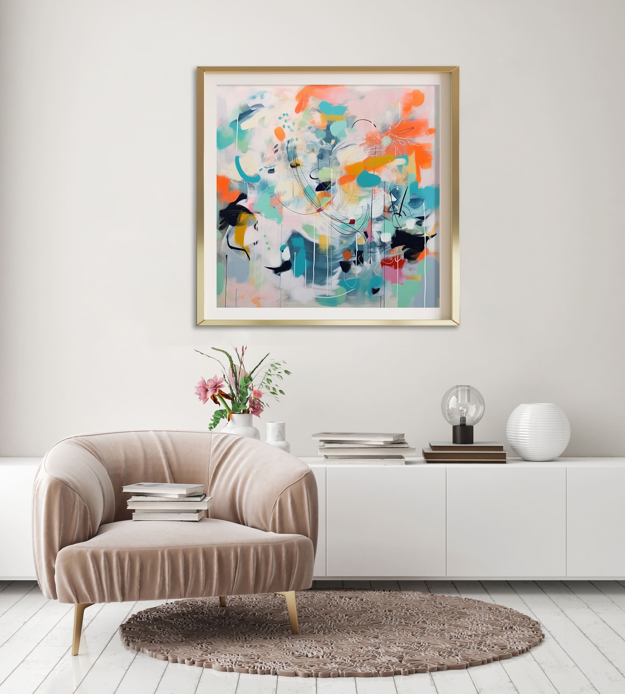 kolorowa abstrakcja, turkusowy obraz abstrakcyjny, pomarańczowy obraz abstrakcyjny, ekspresyjna abstrakcja, ekspresyjny obraz do salonu