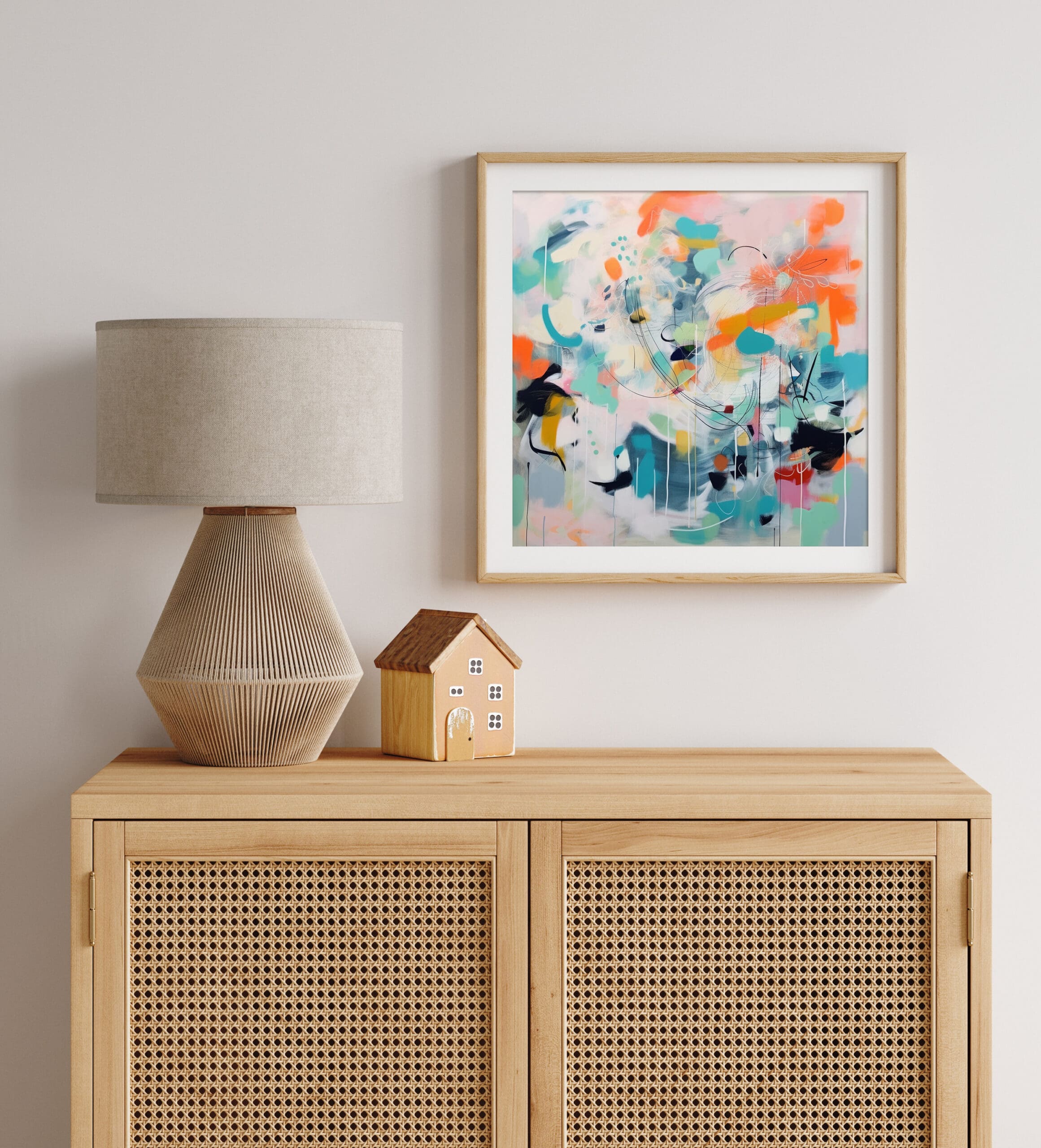 kolorowa abstrakcja, turkusowy obraz abstrakcyjny, pomarańczowy obraz abstrakcyjny, ekspresyjna abstrakcja, ekspresyjny obraz do salonu