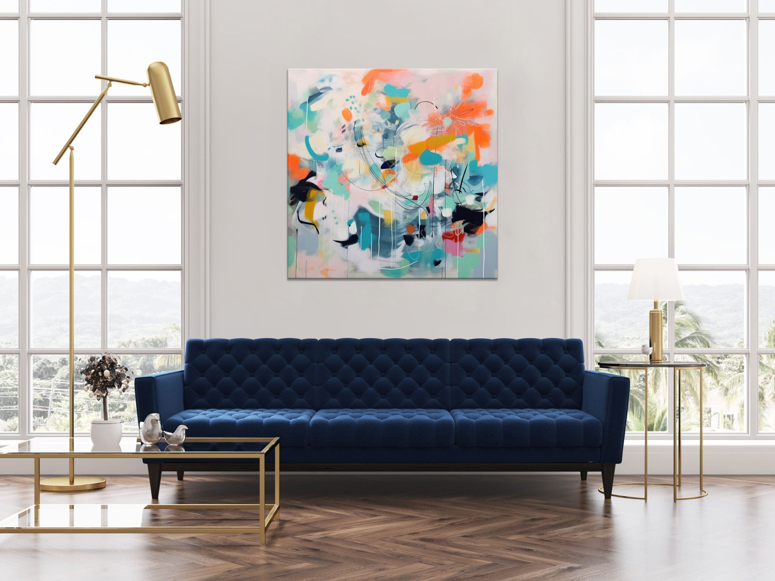 kolorowa abstrakcja, turkusowy obraz abstrakcyjny, pomarańczowy obraz abstrakcyjny, ekspresyjna abstrakcja, ekspresyjny obraz do salonu