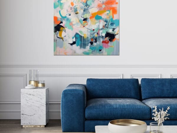 kolorowa abstrakcja, turkusowy obraz abstrakcyjny, pomarańczowy obraz abstrakcyjny, ekspresyjna abstrakcja, ekspresyjny obraz do salonu