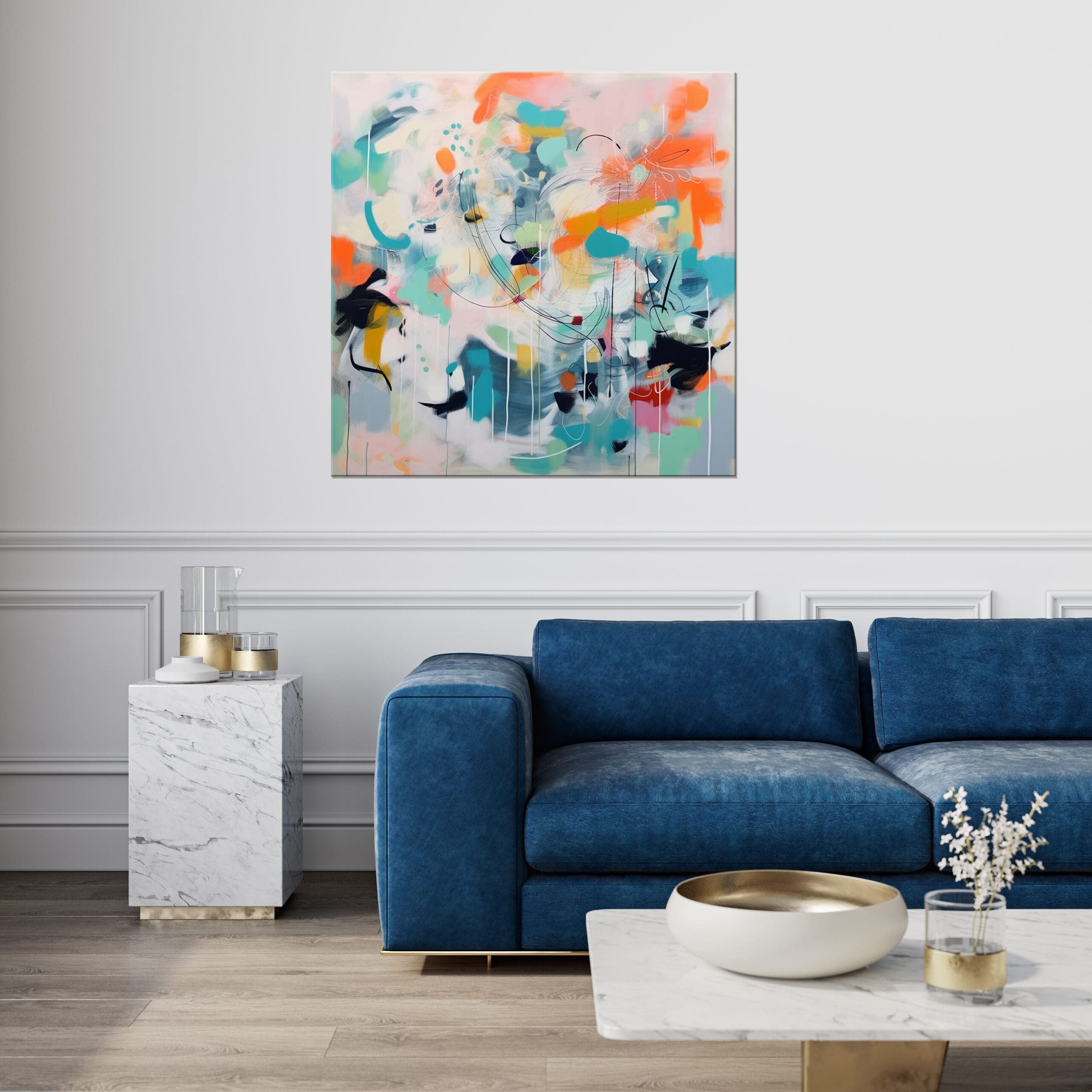 kolorowa abstrakcja, turkusowy obraz abstrakcyjny, pomarańczowy obraz abstrakcyjny, ekspresyjna abstrakcja, ekspresyjny obraz do salonu