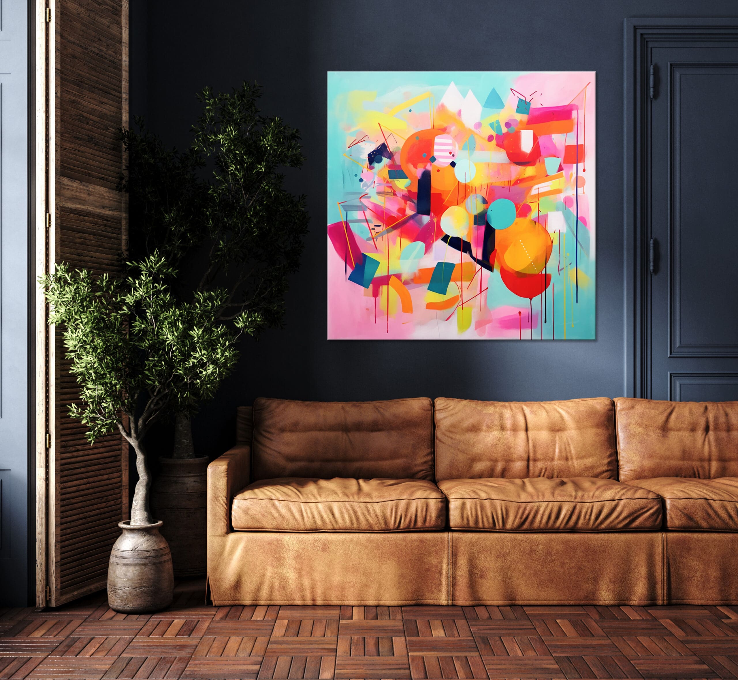 kolorowy obraz abstrakycjny, kolorowa geometryczna abstrakcja, różowy obraz, turkusowy obraz, pomarańczowy obraz