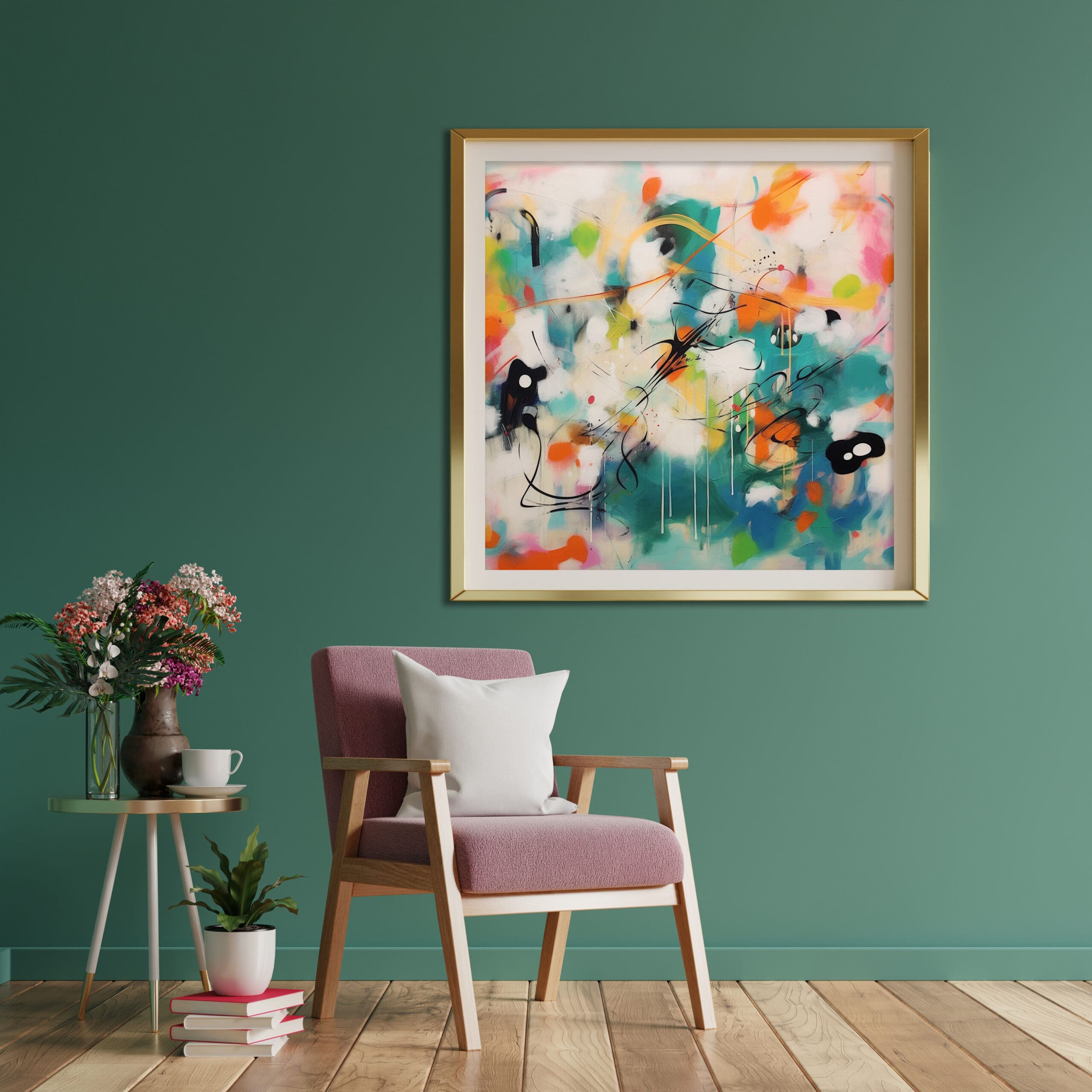 kolorowa abstrakcja, kolorowy obraz, zielony obraz, zielona abstrakcja, pomarańczowa abstrakcja,