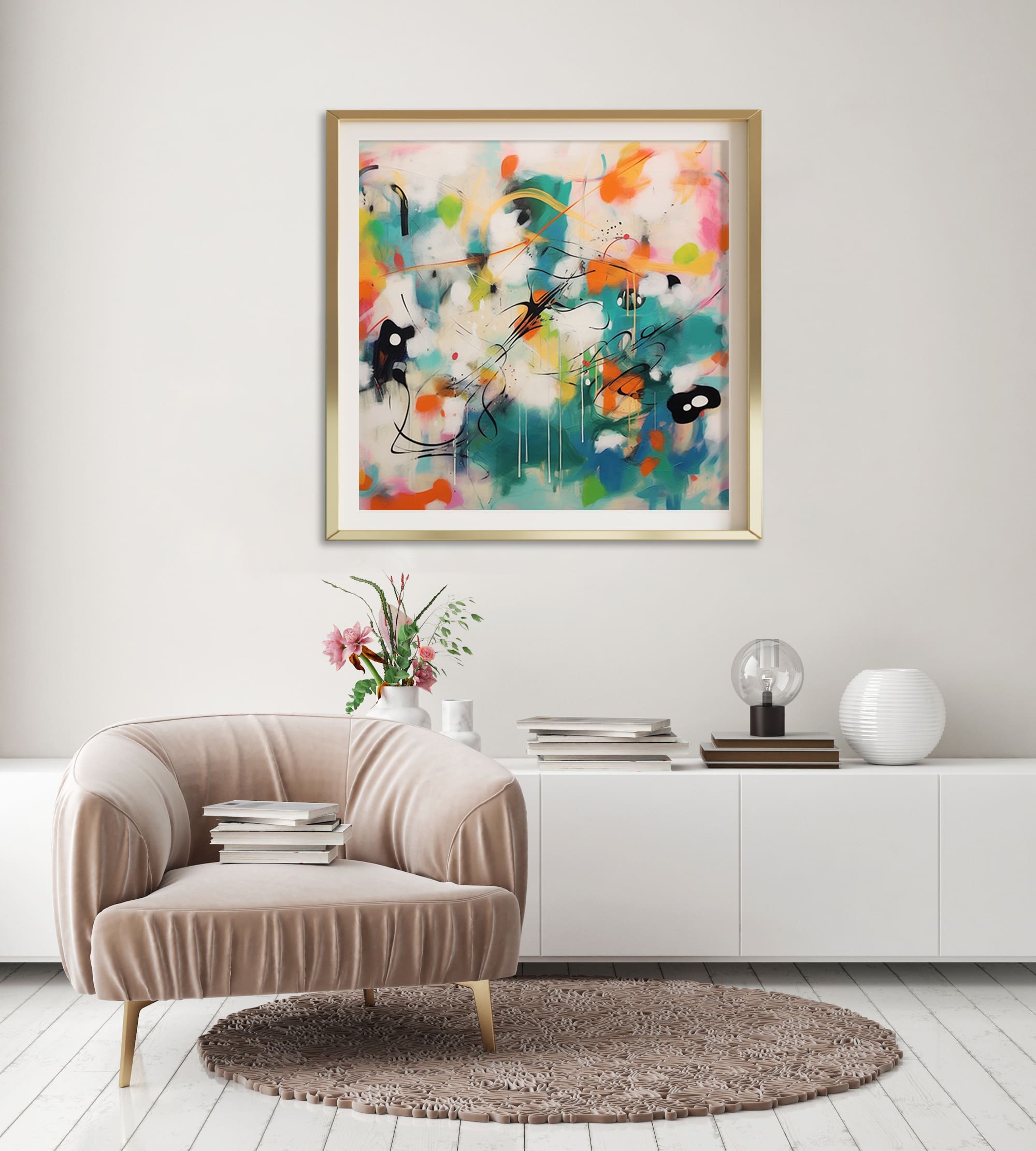 kolorowa abstrakcja, kolorowy obraz, zielony obraz, zielona abstrakcja, pomarańczowa abstrakcja,