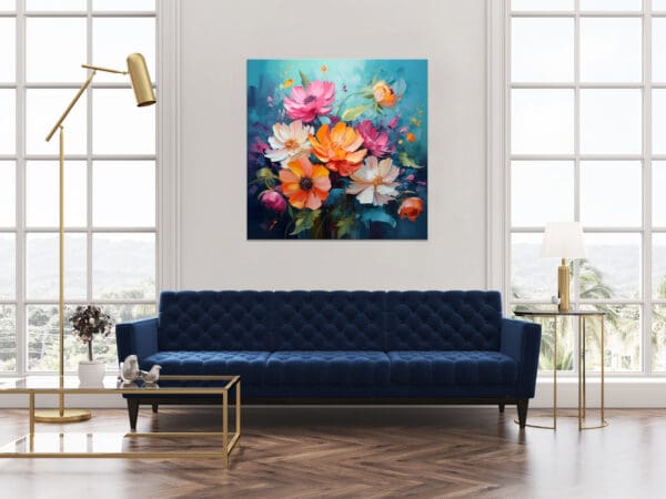 granatowy obraz z kolorowymi kwiatami, obraz kolorowe kwiaty, obraz bukiet kwiatów, obraz różowe i pomarańczowe kwiaty