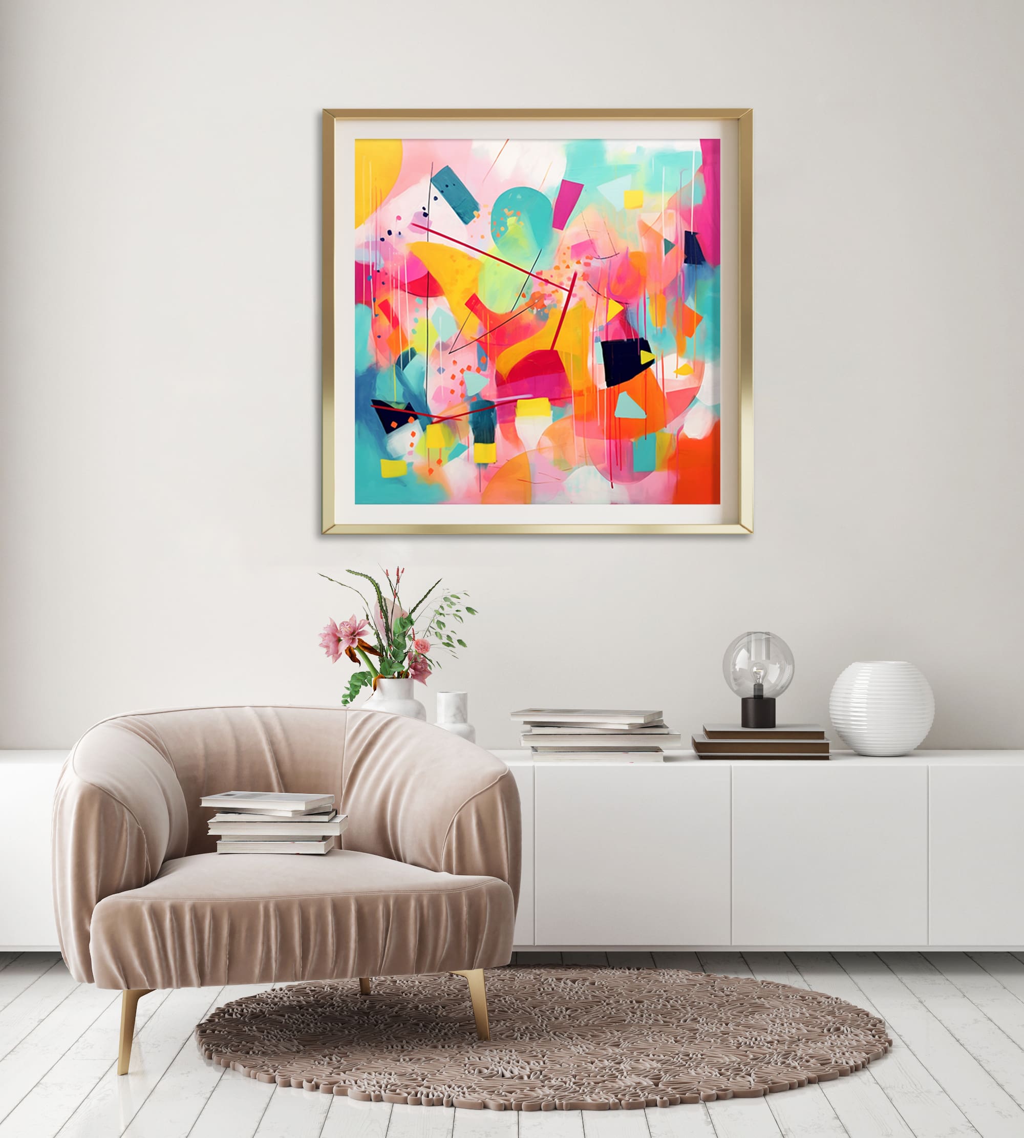 kolorowa geometryczna abstrakcja, kolorowy obraz do salonu, obraz w żywych kolorach,
