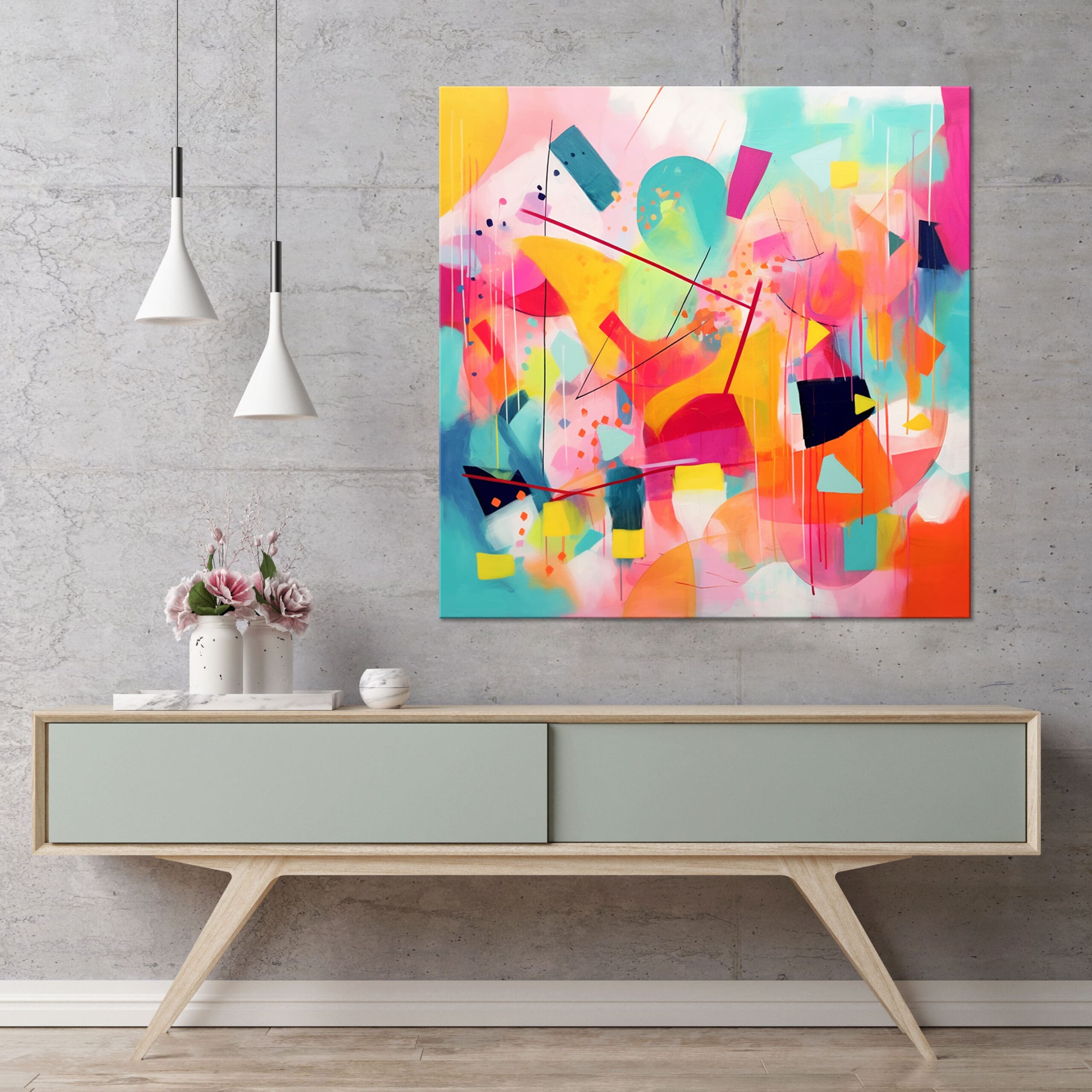 kolorowa geometryczna abstrakcja, kolorowy obraz do salonu, obraz w żywych kolorach,