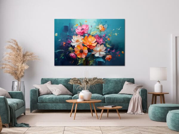 nowoczesny obraz kwiaty, kolorowy obraz z kwiatami, obraz pomarańczowe kwiaty, turkusowy obraz, granatowy obraz, poziomy obraz do salonu, duży obraz, nowoczesne obrazy