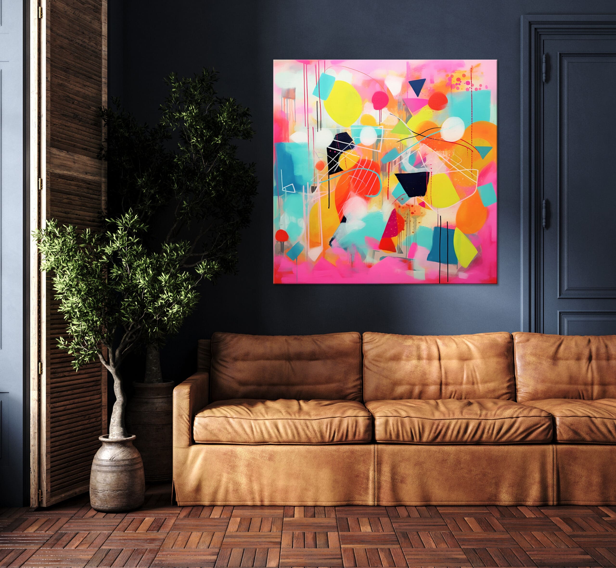 kolorowy obraz abstrakcyjny, geometryczna abstrakcja w żywych kolorach, żółty obraz