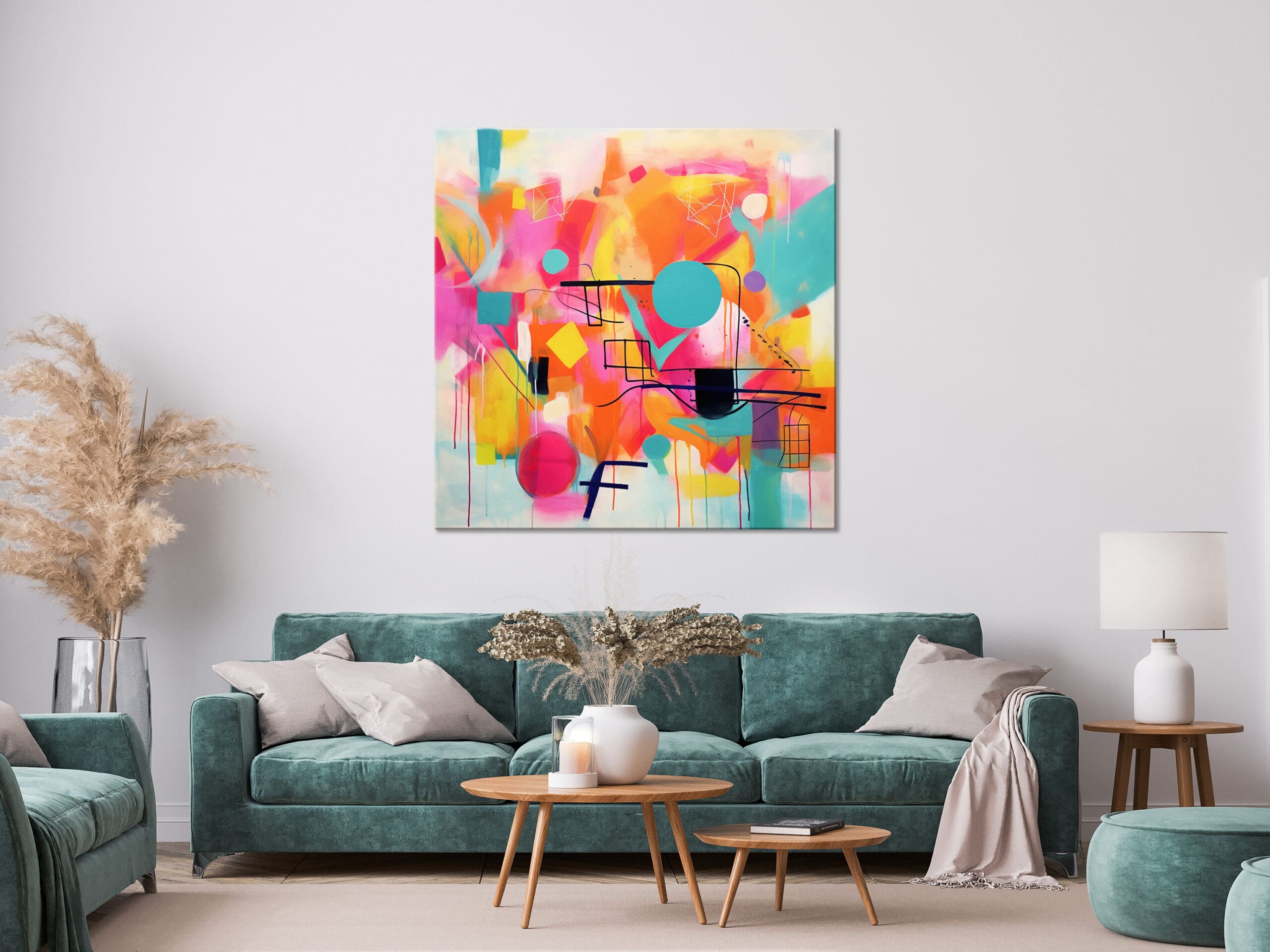 kolorowy obraz abstrakcyjny, geometryczna abstrakcja w żywych kolorach, żółty obraz