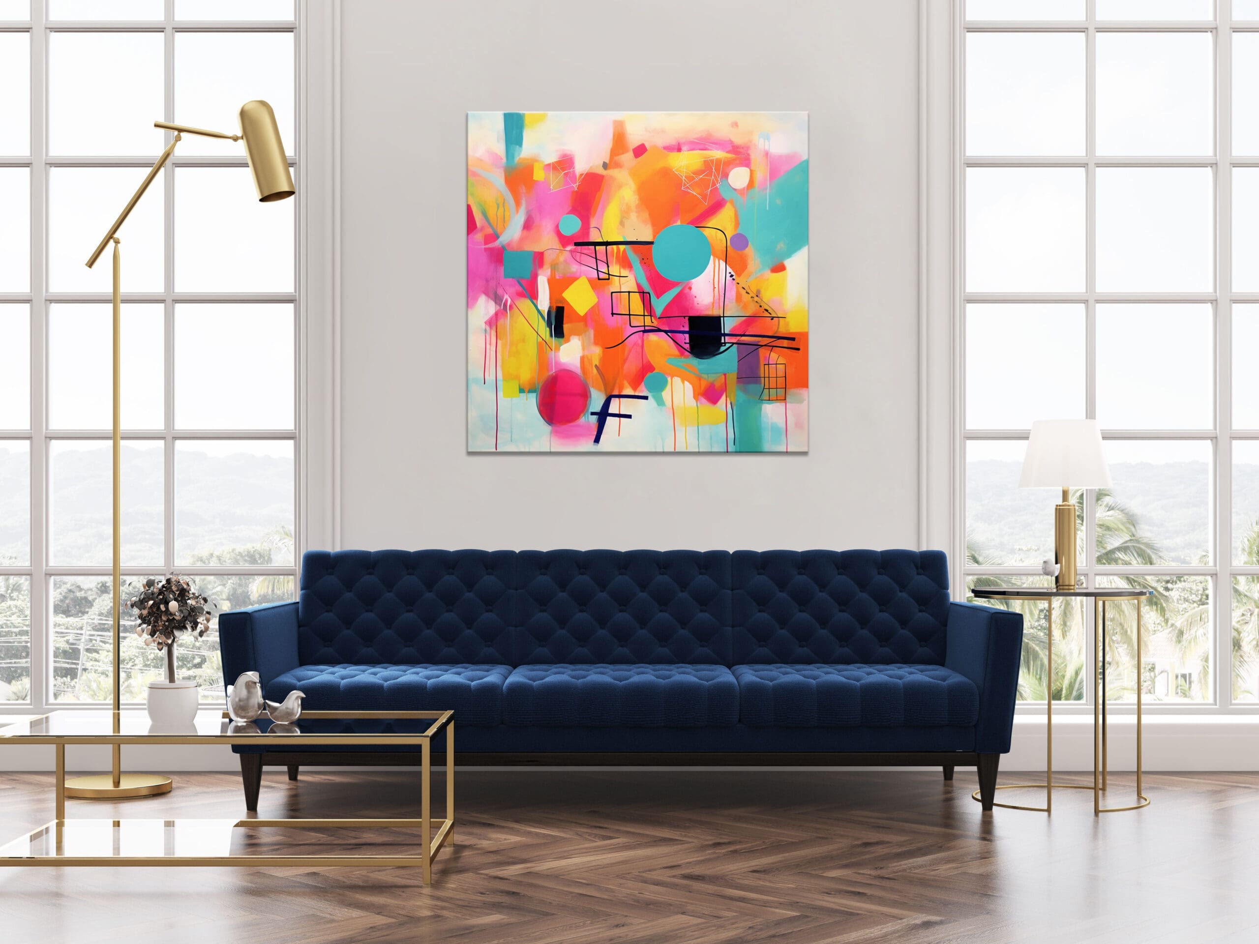 kolorowy obraz abstrakcyjny, geometryczna abstrakcja w żywych kolorach, żółty obraz