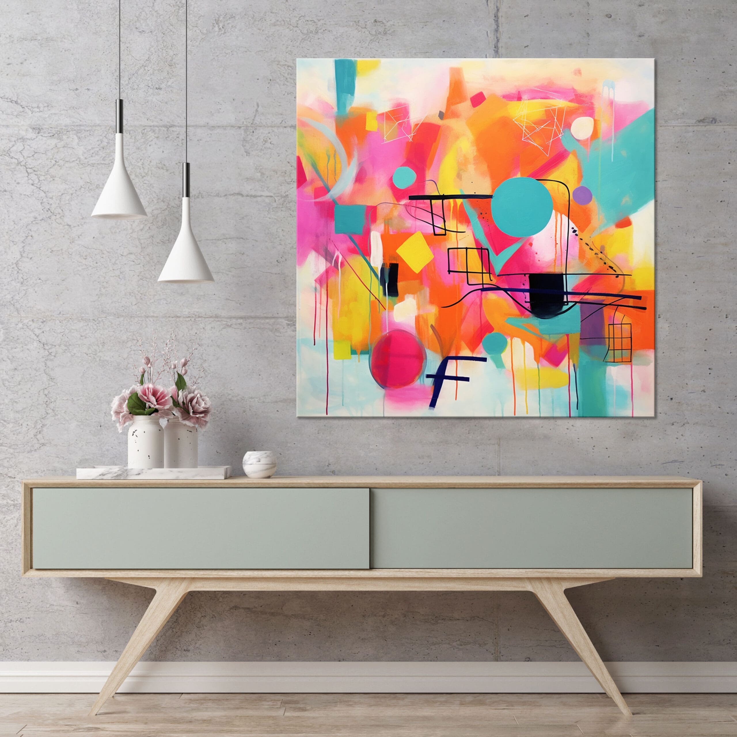 kolorowy obraz abstrakcyjny, geometryczna abstrakcja w żywych kolorach, żółty obraz