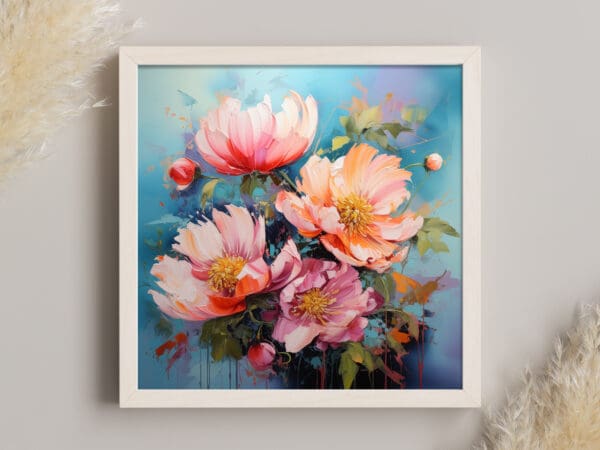 obraz różowe piwonie na niebieskim tle, niebieski obraz z różowymi kwiatami, obraz różowe piwonie