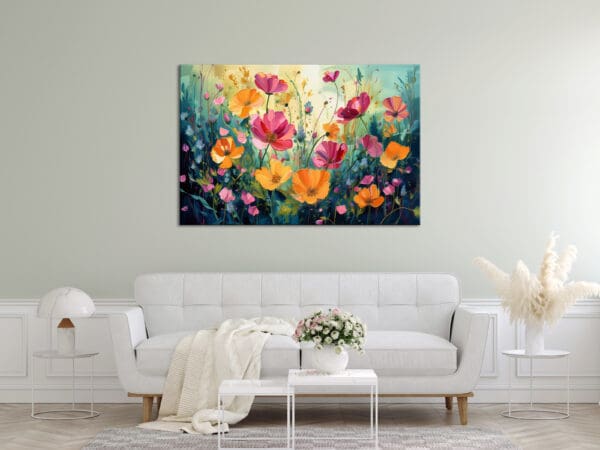 nowoczesny obraz z kwiatami, nowoczesny obraz łąka kwietna, pomarańczowe i różowe kwiaty na zielonym tle, poziomy obraz do salonu