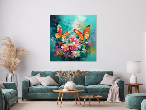 nowoczesny obraz motyl i kwiaty, turkusowy obraz, turkusowa abstrakcja, kolorowy obraz z motylami