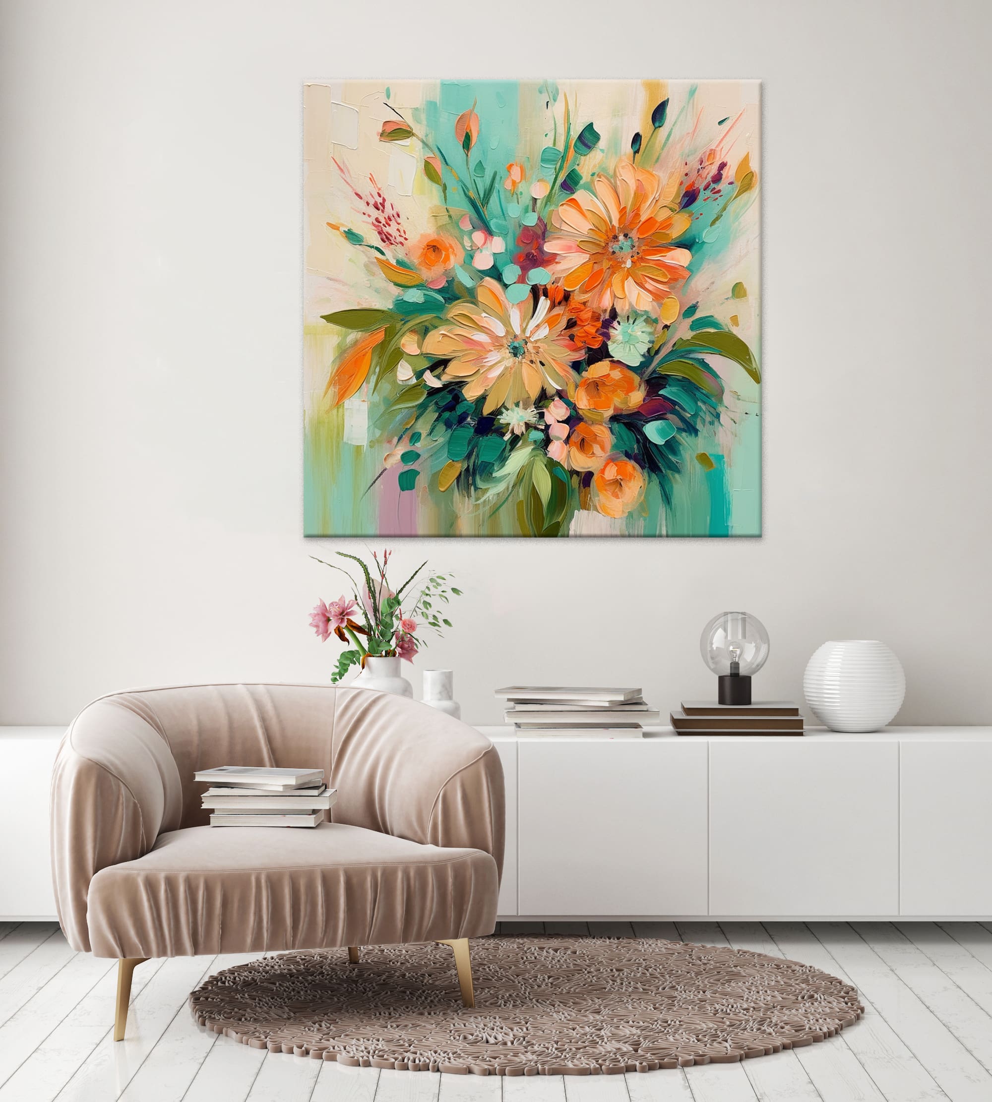 zielony obraz, zielona abstrakcja z pomarańczowymi kwiatami, nowoczesny obraz z kwiatami, obraz z pomarańczowymi kwiatami, wydruk na płótnie