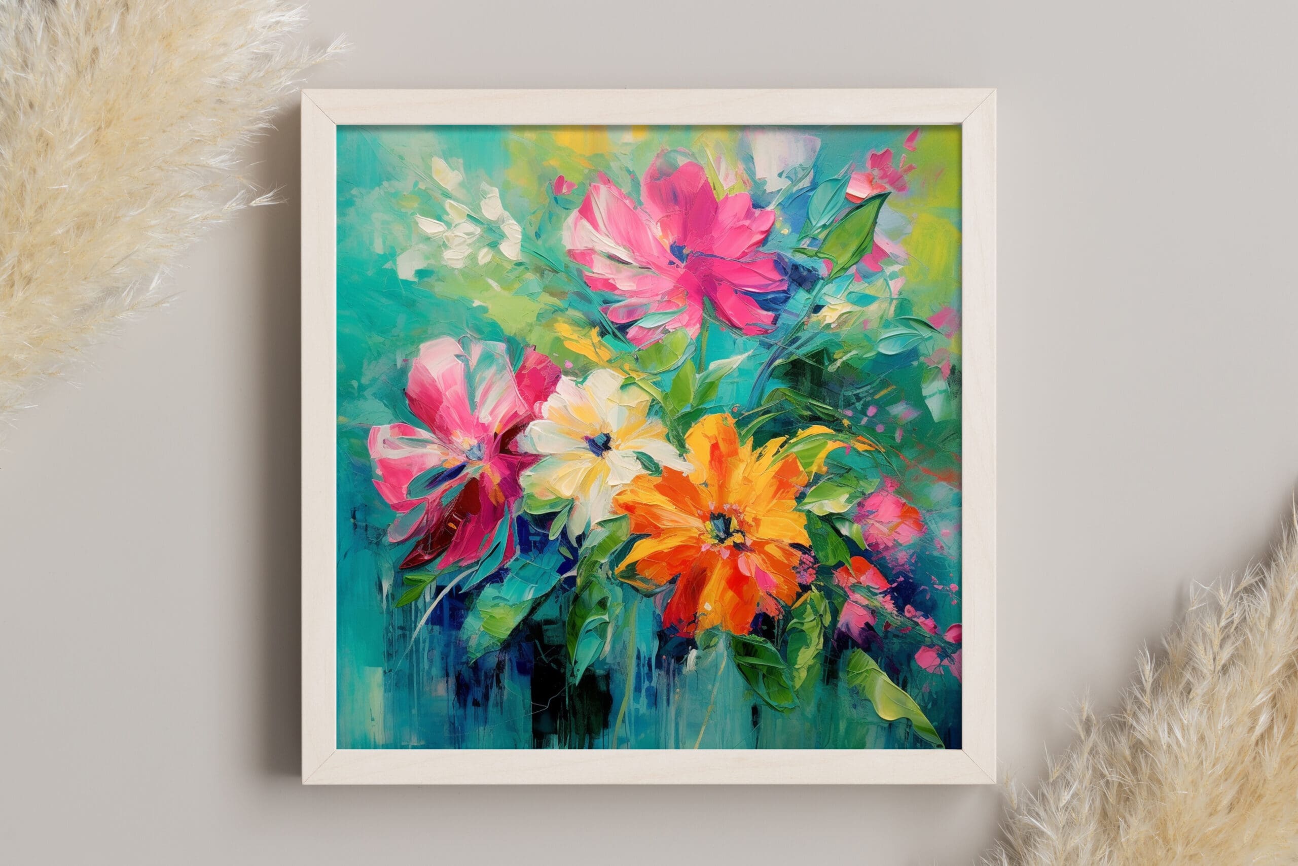 obraz kolorowa łąka kwietna, obraz kolorowe kwiaty na turkusowym tle, kolorowy wesoły obraz do salonu, abstrakcyjne kwiaty