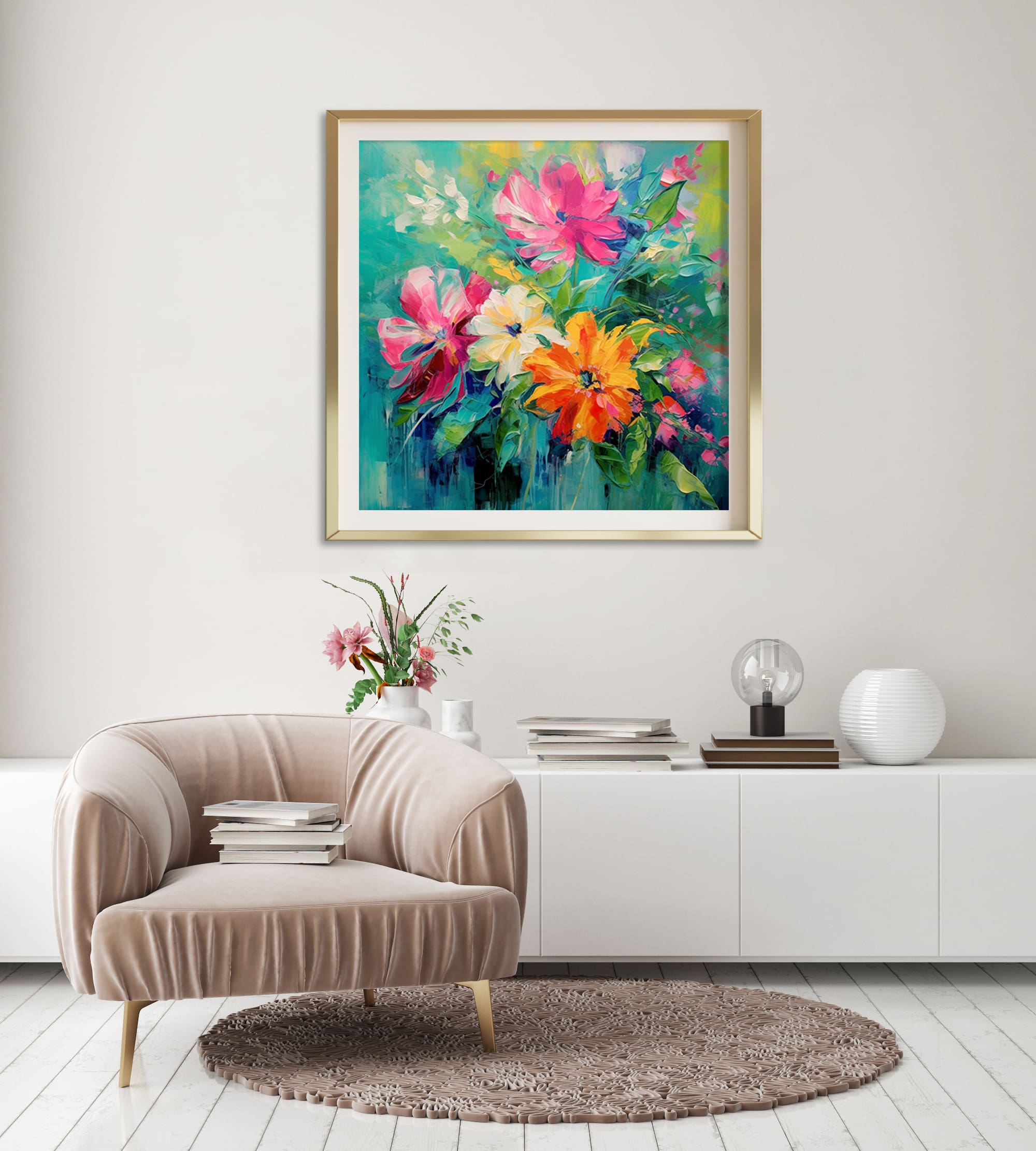 obraz kolorowa łąka kwietna, obraz kolorowe kwiaty na turkusowym tle, kolorowy wesoły obraz do salonu, abstrakcyjne kwiaty