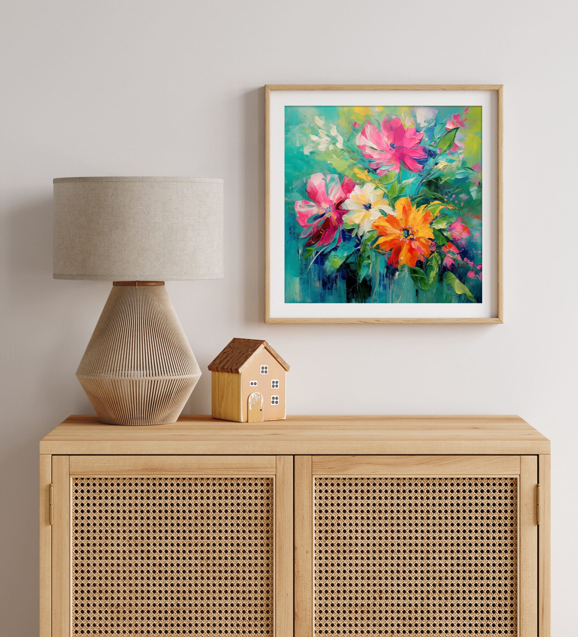 obraz kolorowa łąka kwietna, obraz kolorowe kwiaty na turkusowym tle, kolorowy wesoły obraz do salonu, abstrakcyjne kwiaty, wydruk giclee, plakat kwiaty