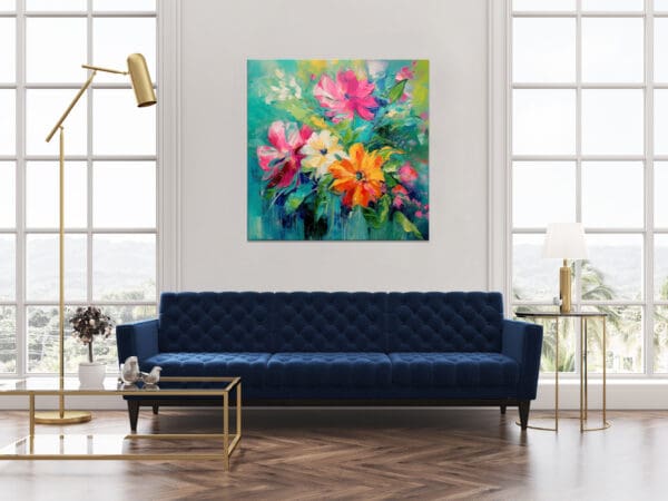 obraz kolorowa łąka kwietna, obraz kolorowe kwiaty na turkusowym tle, kolorowy wesoły obraz do salonu, abstrakcyjne kwiaty