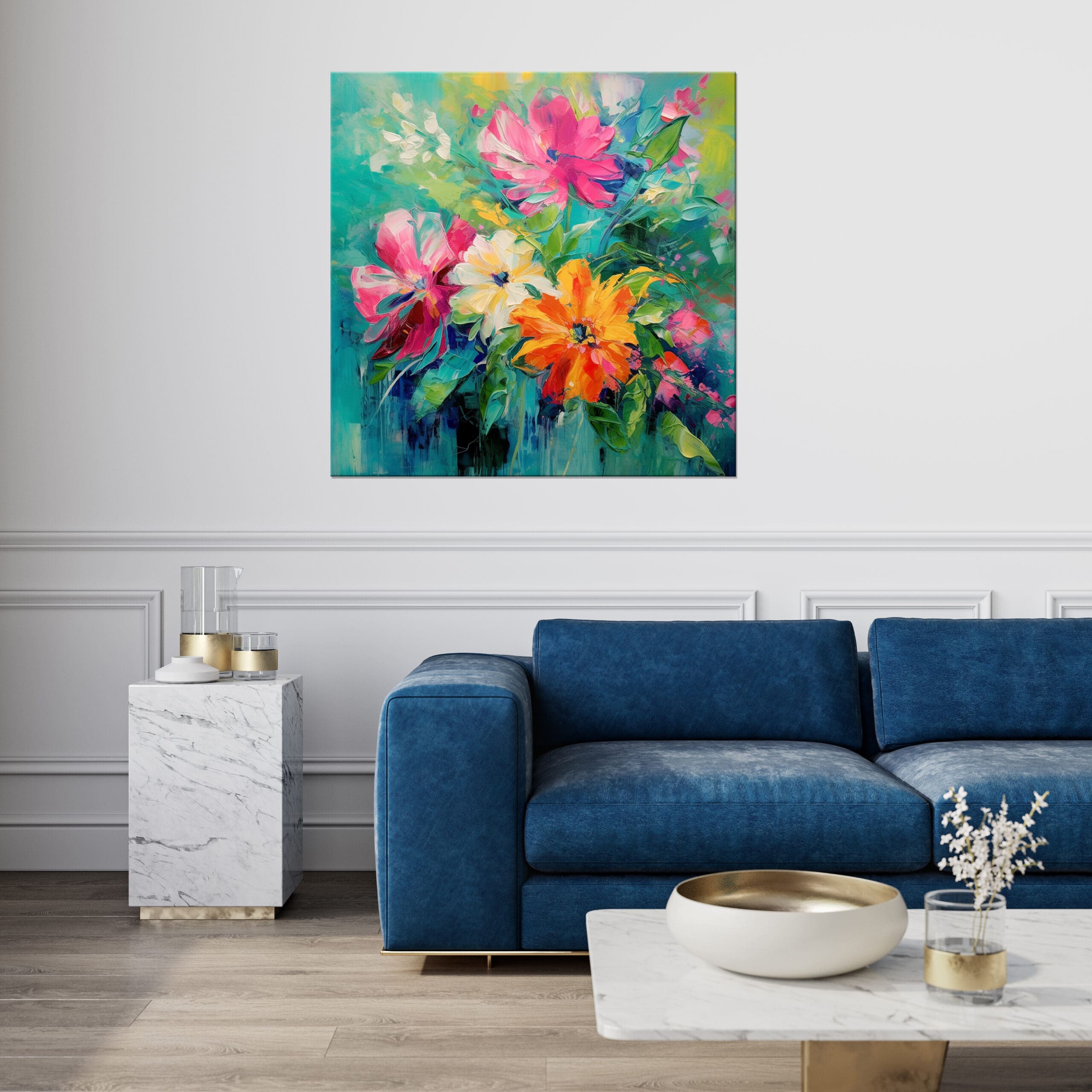 obraz kolorowa łąka kwietna, obraz kolorowe kwiaty na turkusowym tle, kolorowy wesoły obraz do salonu, abstrakcyjne kwiaty