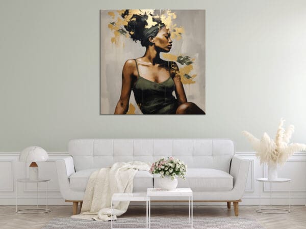 obraz czarnoskóra kobieta, minimalistyczny portret kobiety, beżowy obraz ze złotem, obraz afrykańska kobieta