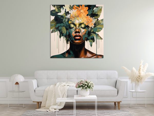 obraz kobieta z kwiatami, beżowy obraz do salonu, kwadratowy obraz, obraz czarnoskóra kobieta z kwiatami na beżowym tle