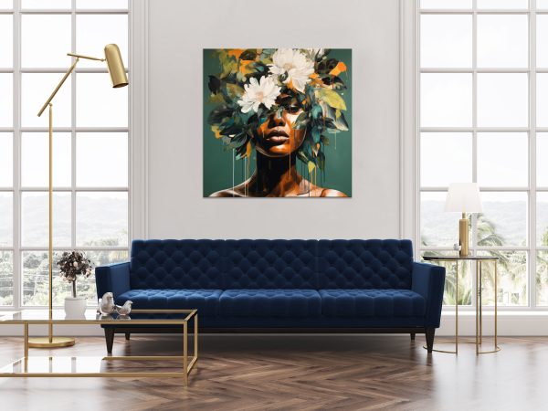 obraz kobieta z kwiatami, zielony obraz do salonu, kwadratowy obraz, obraz czarnoskóra kobieta z kwiatami na zielonym tle