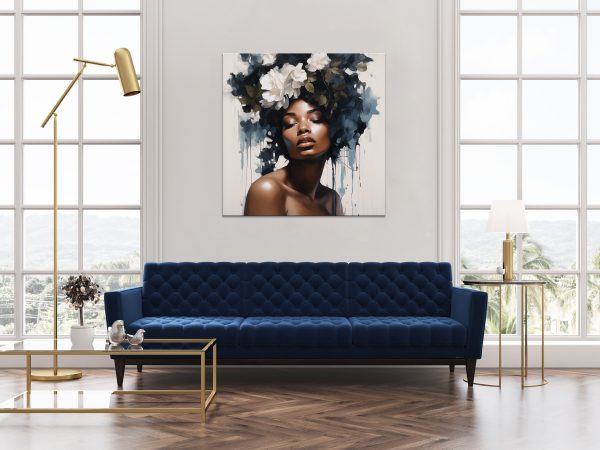 obraz kobieta z kwiatami, minimalistyczny obraz czarnoskóra kobieta z kwiatami, biało czarny obraz