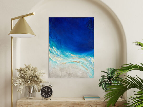 granatowy obraz abstrakcyjny, obraz morze, dużu obraz do salonu, pionowy obraz, granatowa abstrakcja